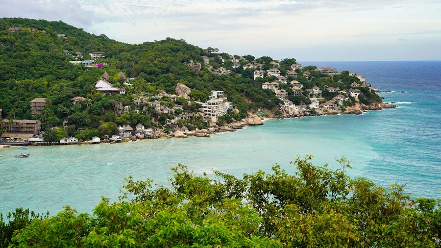 Aerial view of Koh Tao Shark Bay with boats and green hillside