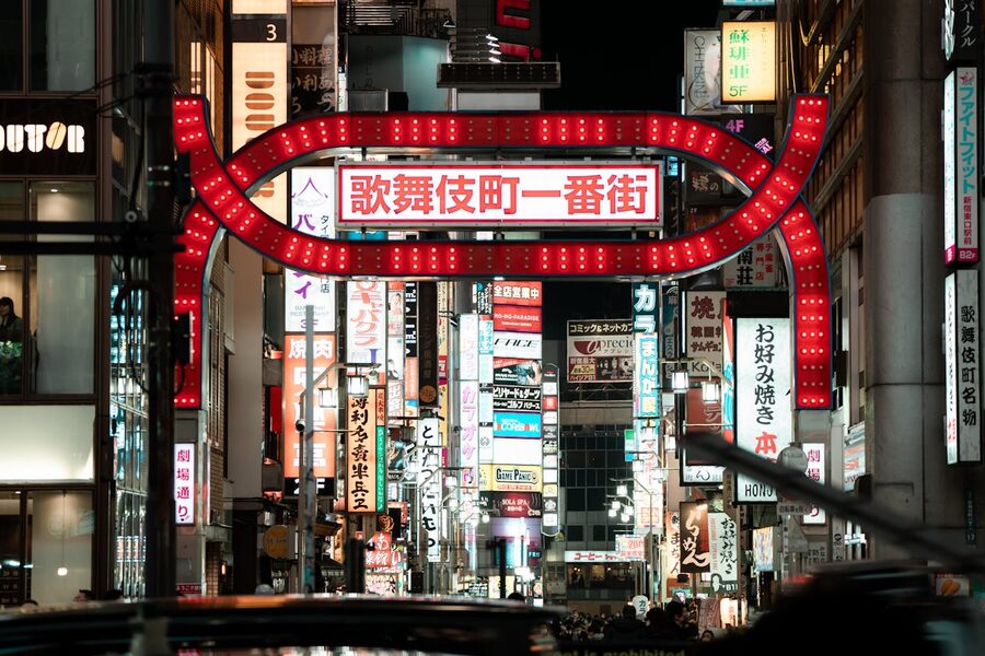 Bright neon-lit streets of Kabukicho in Shinjuku Tokyo at night