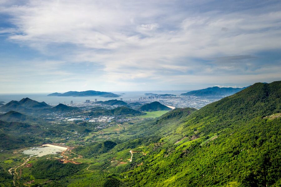 Panoramic view of Da Nang city between mountains and the coast