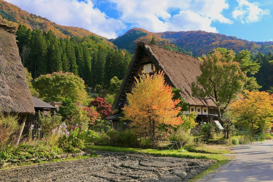 Scenic view of traditional gassho-style thatched roof houses in Shirakawa-go UNESCO World Heritage village