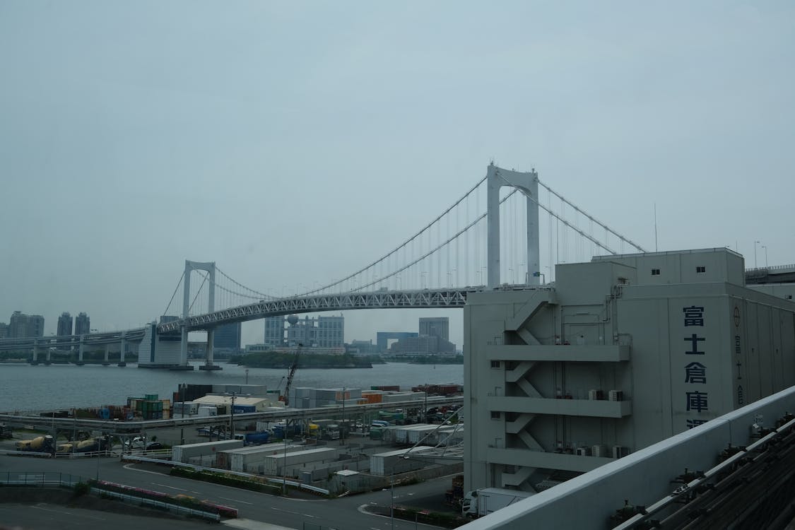 Scenic view of the Rainbow Bridge in Tokyo Bay Japan on a clear day