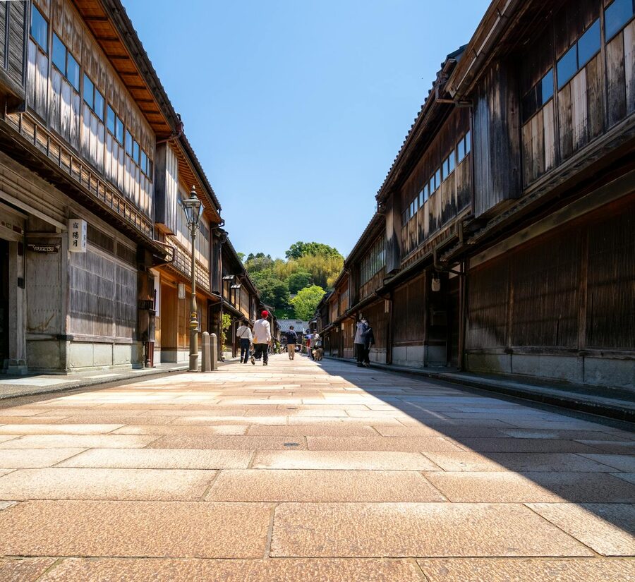 Traditional wooden architecture along the historic Higashi Chaya geisha district in Kanazawa