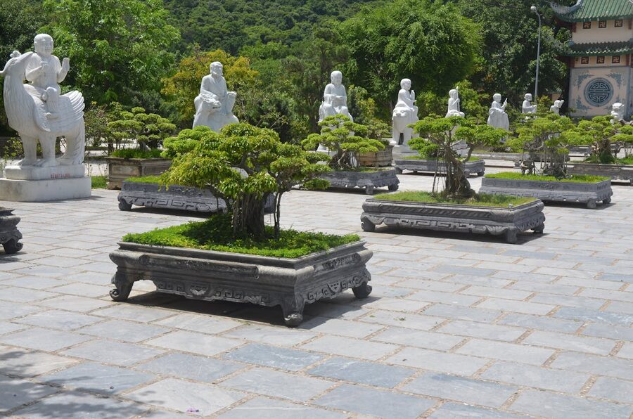 Bonsai trees and Buddhist statues in a peaceful garden at the Marble Mountains