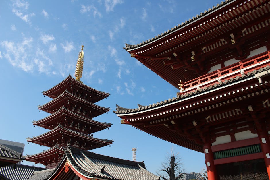 Five-story pagoda at Sensoji Temple under blue sky in Tokyo