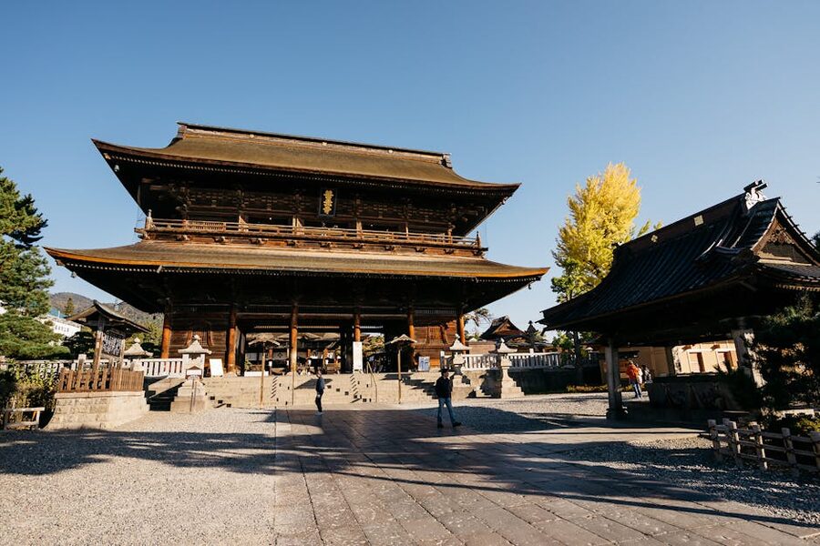 Zenkoji Temple under clear autumn sky in Nagano Japan