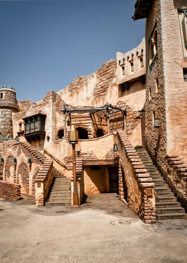 Detailed Mediterranean-style architecture at Tokyo DisneySea