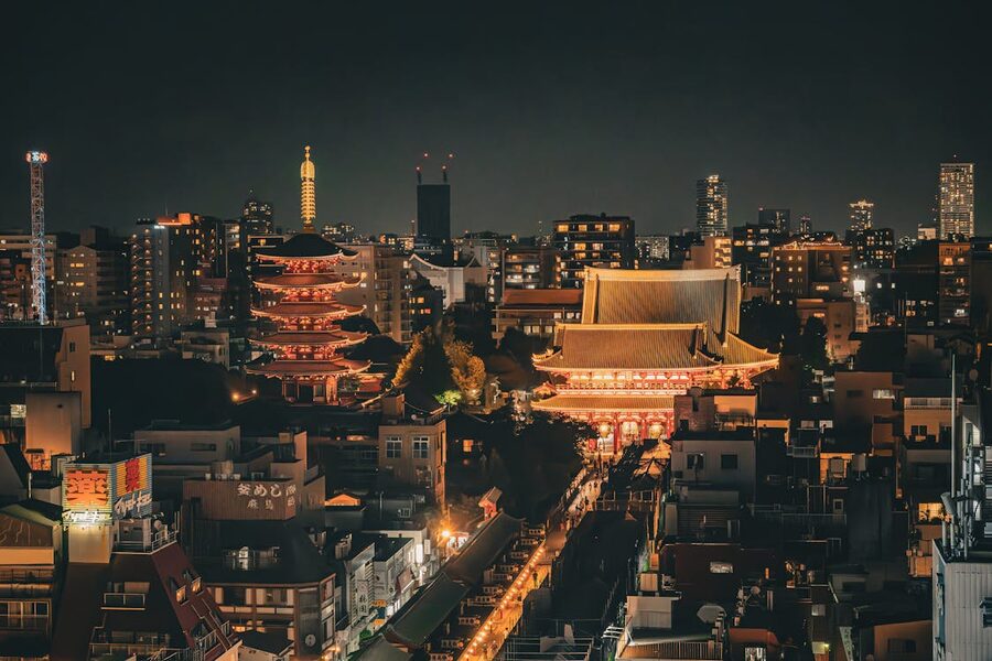 Aerial night view of Senso-ji Temple and Tokyo skyline