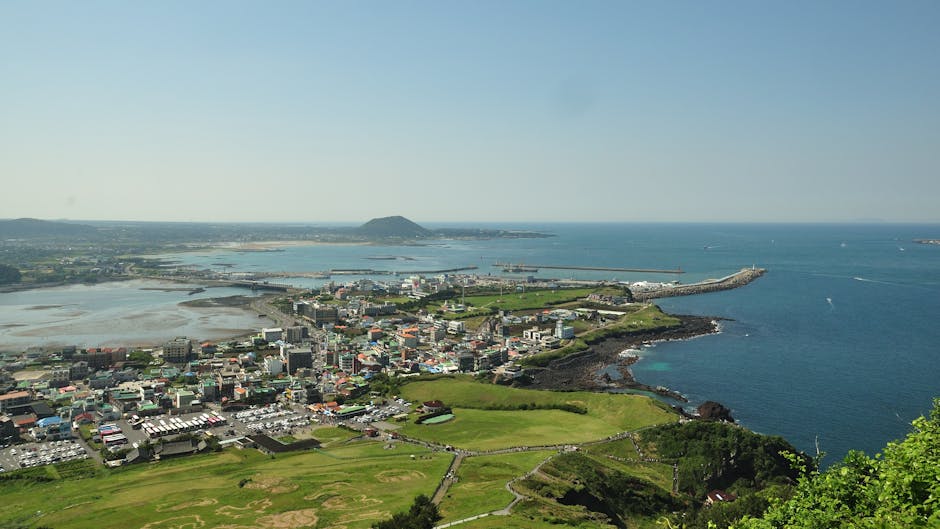 Aerial view of Jeju Island coastline and volcanic terrain