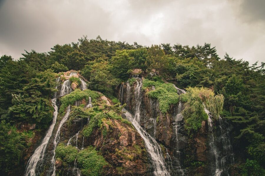 Waterfall cascading over lush green cliffs on Jeju Island
