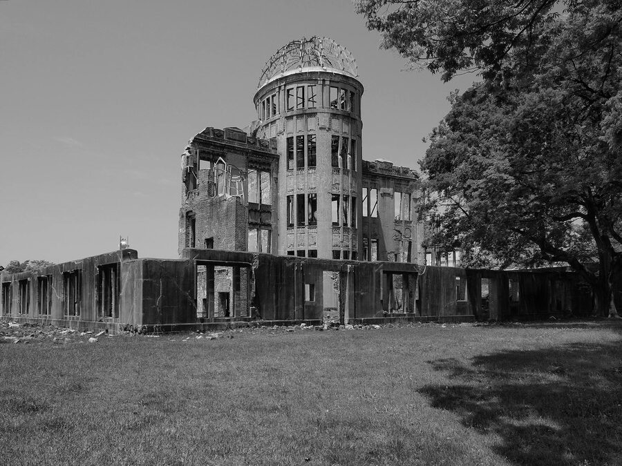The Atomic Bomb Dome in Hiroshima with its skeletal steel frame against the sky