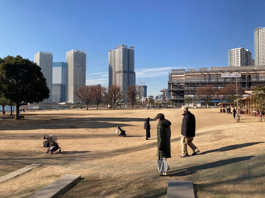 View of Toyosu waterfront park with Tokyo city skyline and skyscrapers in background