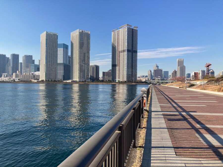 Scenic view of Tokyo skyscrapers reflected in waterfront near Toyosu