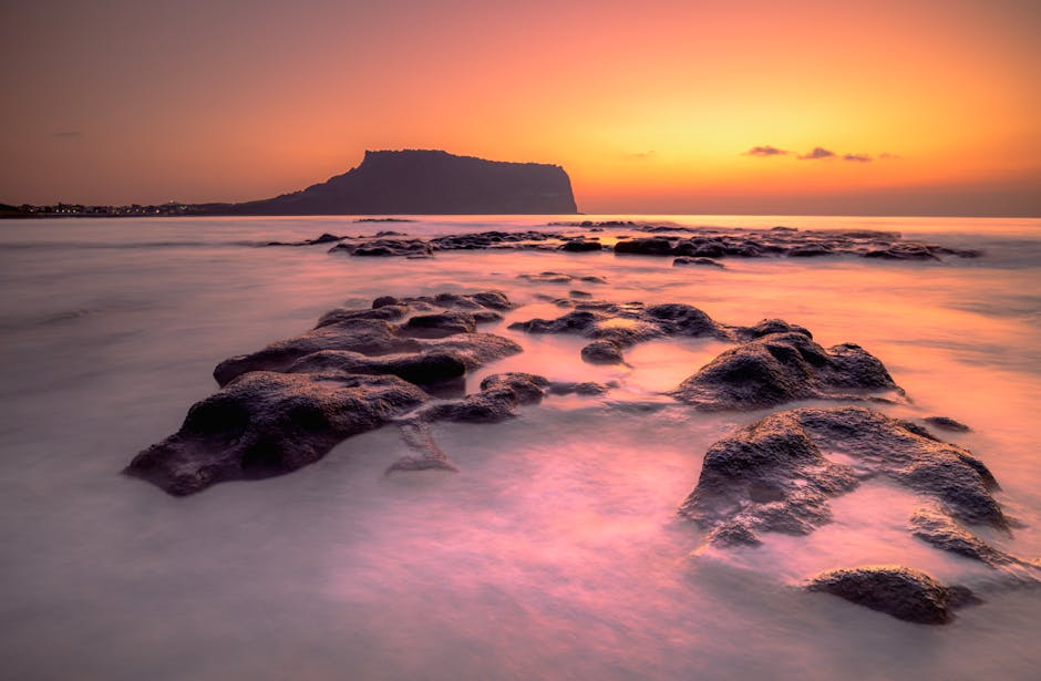 Sunrise over Seongsan Ilchulbong peak on Jeju Island