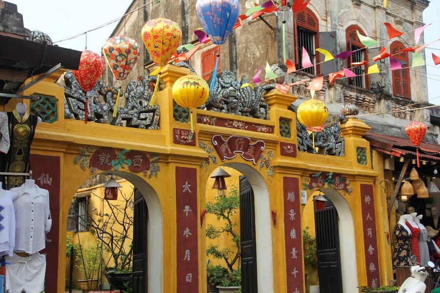 Colorful lanterns adorning a historic temple entrance in Da Nang