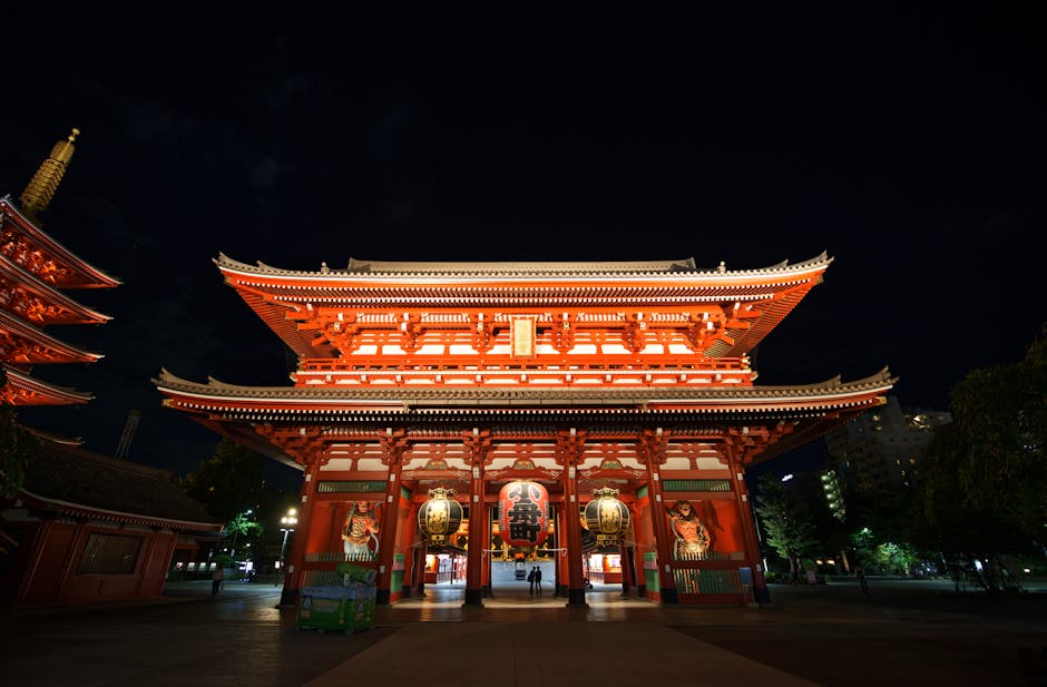 Hozomon Gate glowing at night at Senso-ji Temple Tokyo