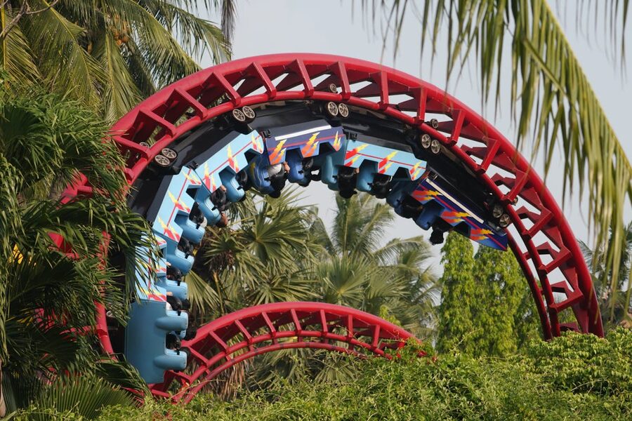Colorful roller coaster looping past tropical palm trees
