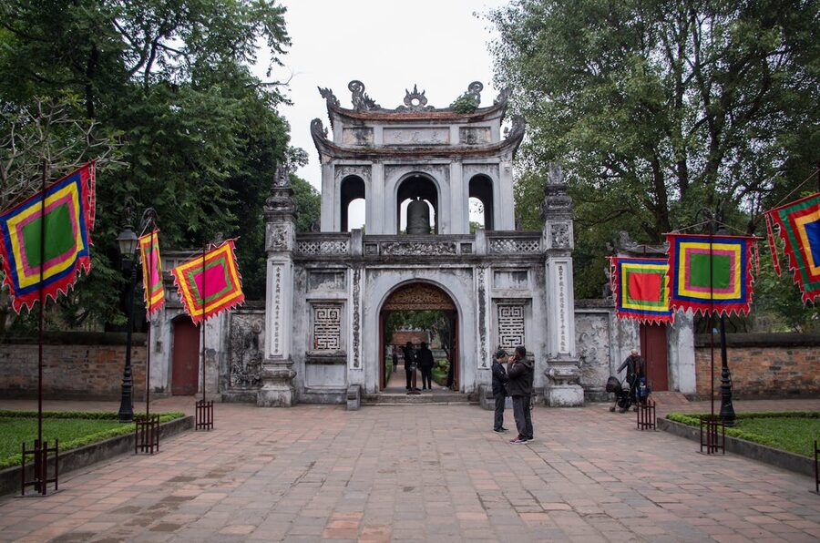 Tourists visiting the main gate of the Temple of Literature in Hanoi