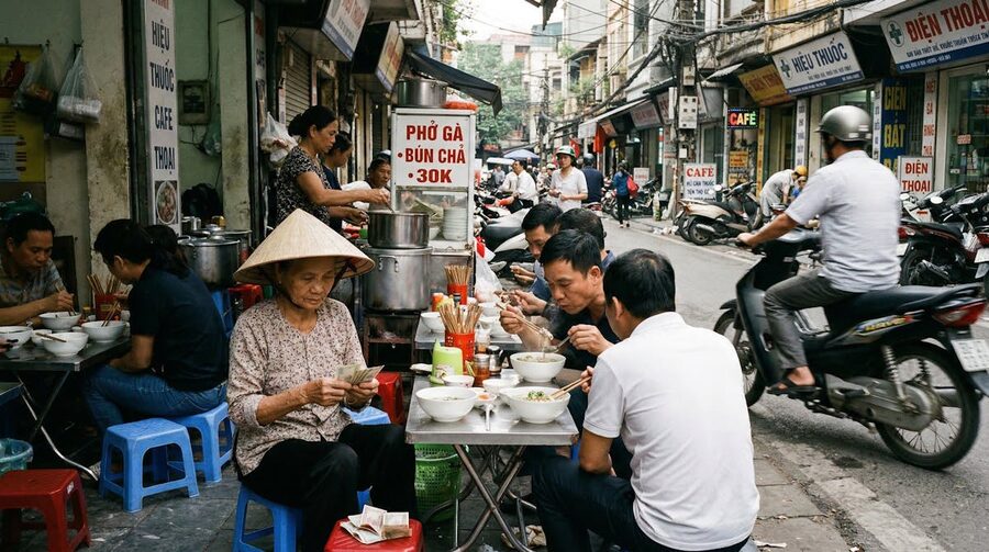 Street food vendors and diners in Hanoi Old Quarter at night