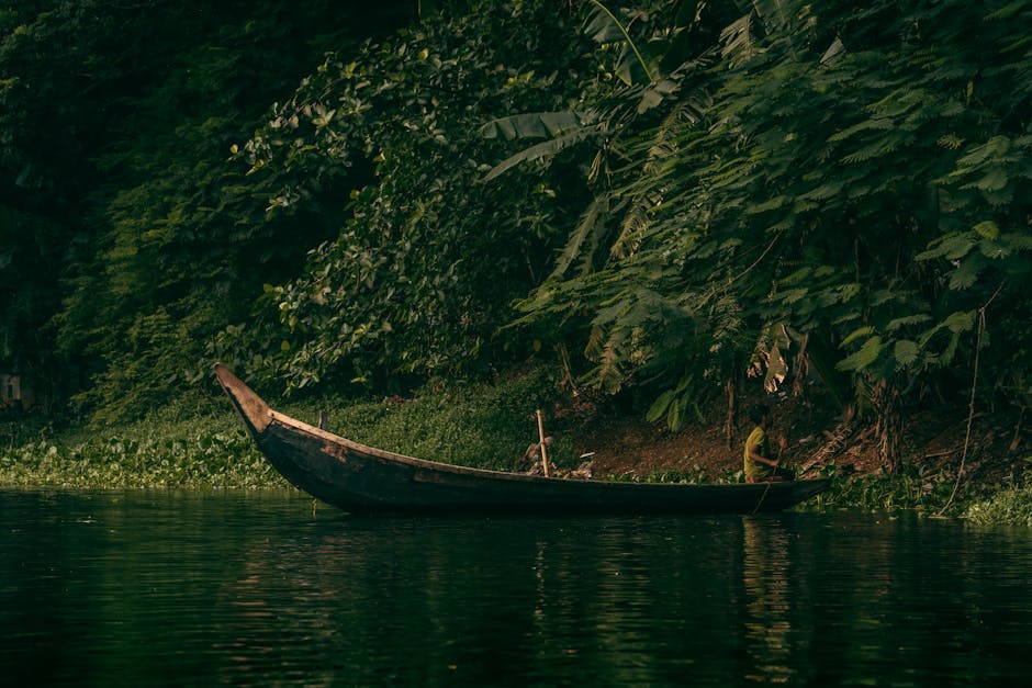 Traditional wooden banca boat moored on the edge of a tropical lagoon surrounded by jungle