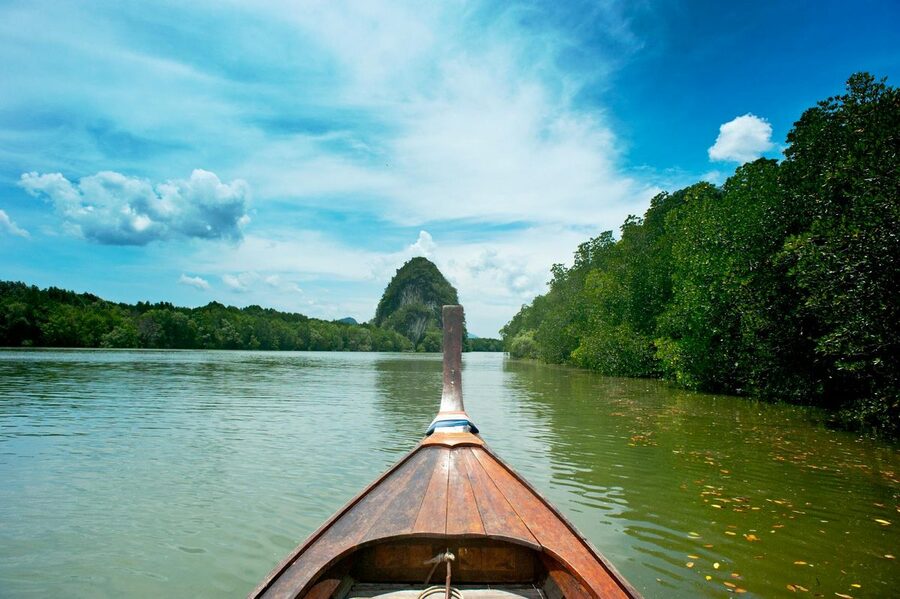 A canoe on a lush mangrove-lined river in Krabi Thailand