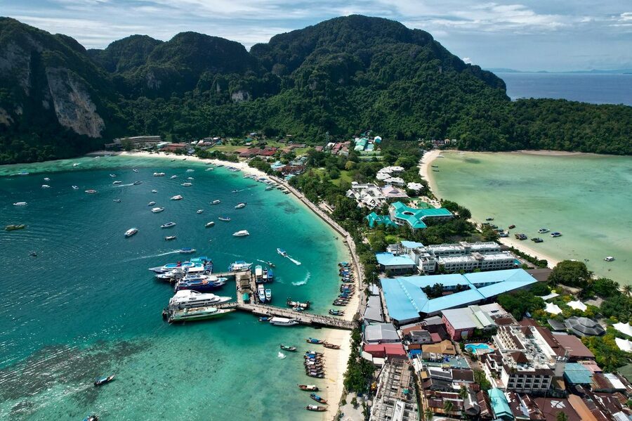 Aerial view of Tonsai Village and pier on Phi Phi Islands Thailand