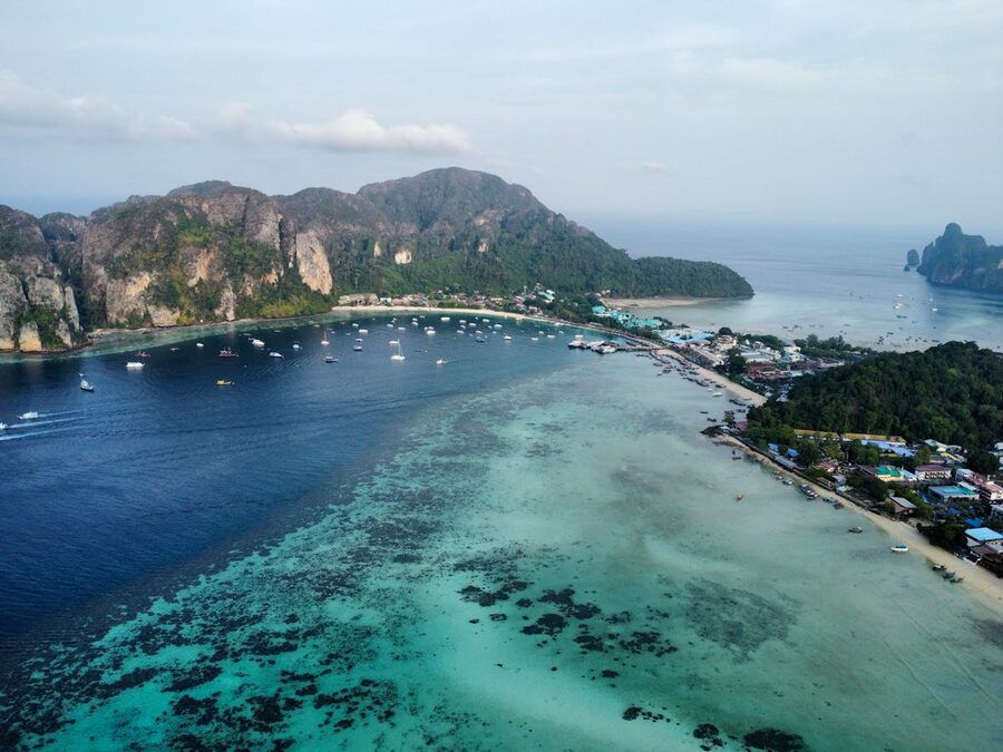 Aerial view of Phi Phi Islands showing turquoise water and limestone cliffs