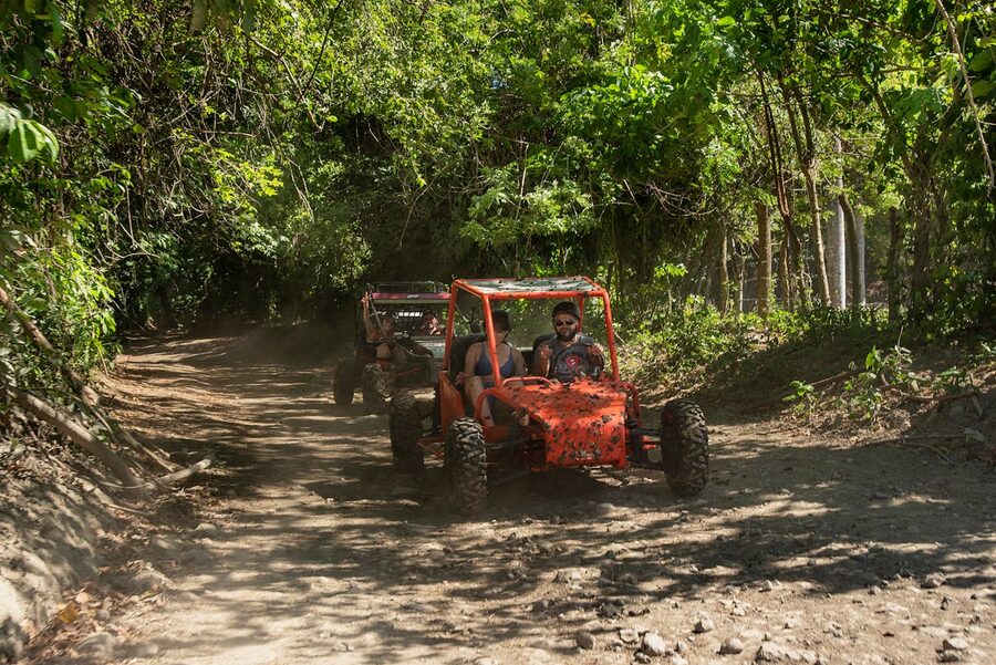 Two ATVs riding through a lush forest trail