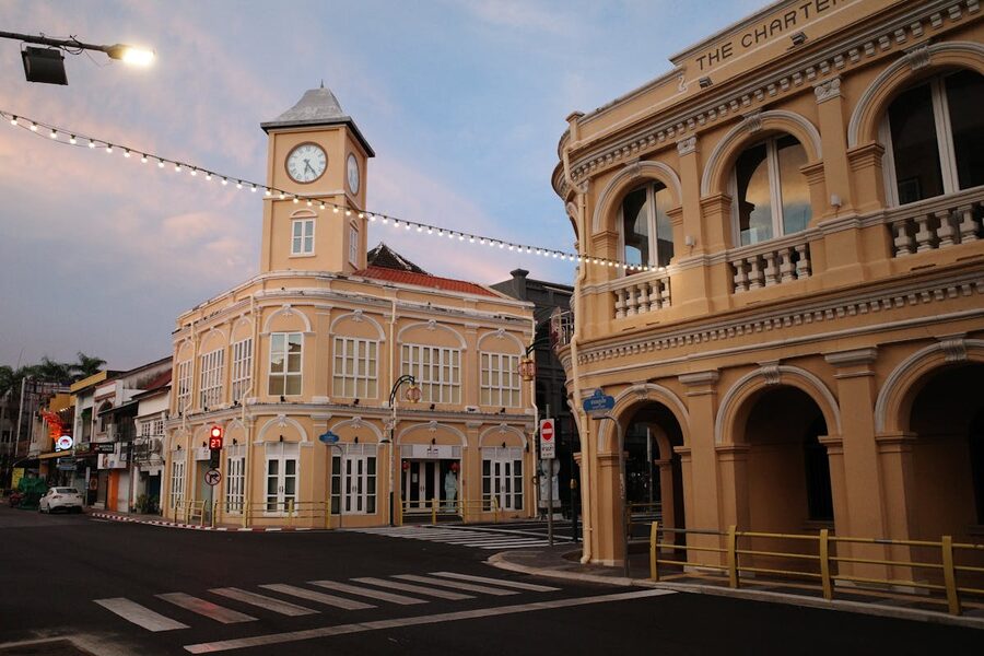 Street scene in Phuket Old Town with colorful shophouses