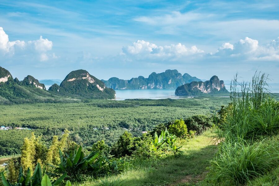 Panoramic view over Phang Nga Bay from a hillside viewpoint in Phuket