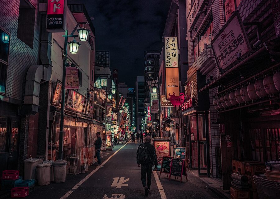 Night view of Shinjuku with colorful neon signs and buildings