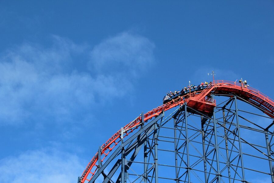 Roller coaster track at Blackpool Pleasure Beach against blue sky