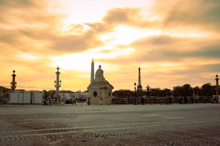 Place de la Concorde sunset with Eiffel Tower Paris