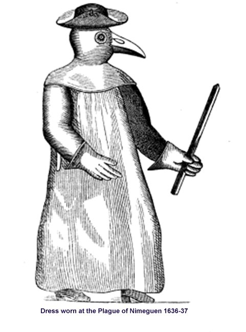 A 1636 engraving of a plague doctor in beaked mask