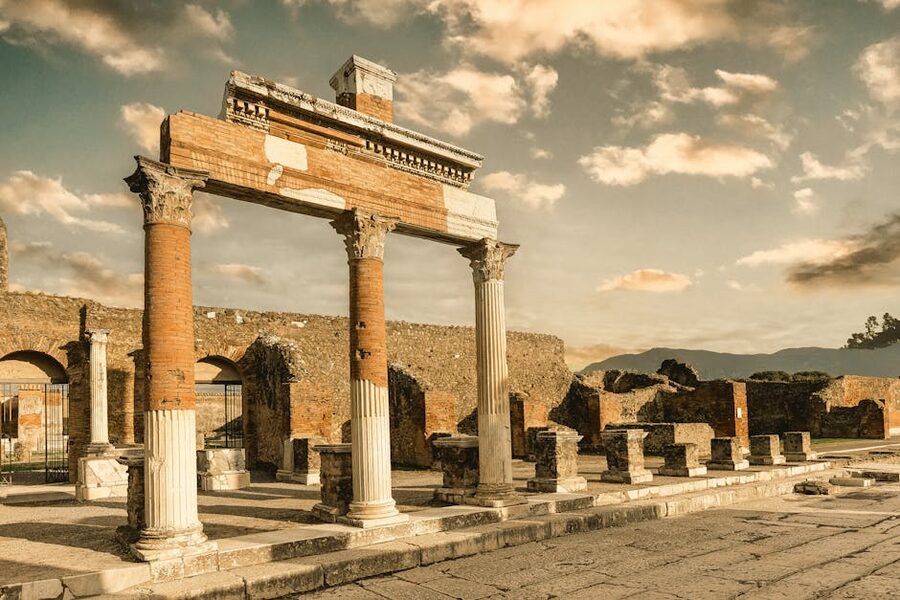 Pompeii ancient Roman ruins under dramatic sky