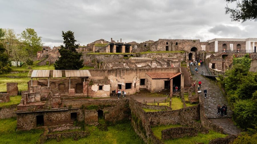 Pompeii suburban baths ruins with greenery