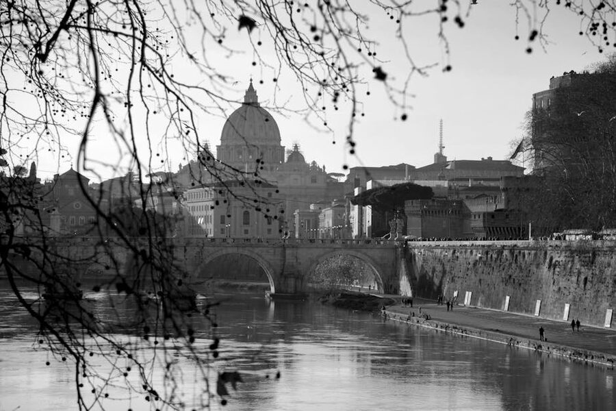 Ponte SantAngelo bridge arches in black and white