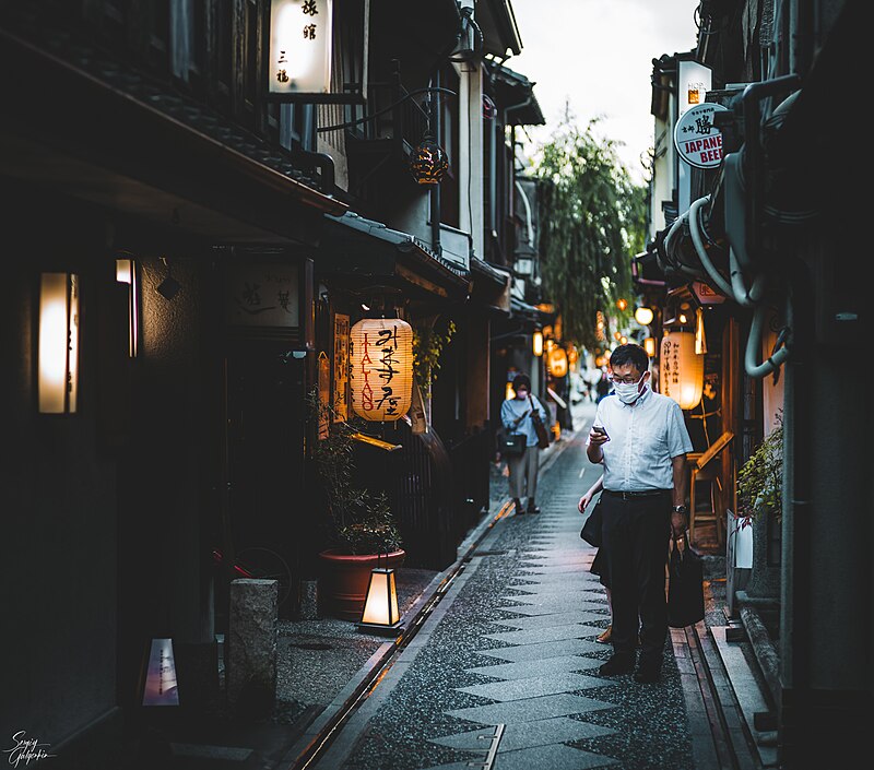 Pontocho Alley at night with red lanterns
