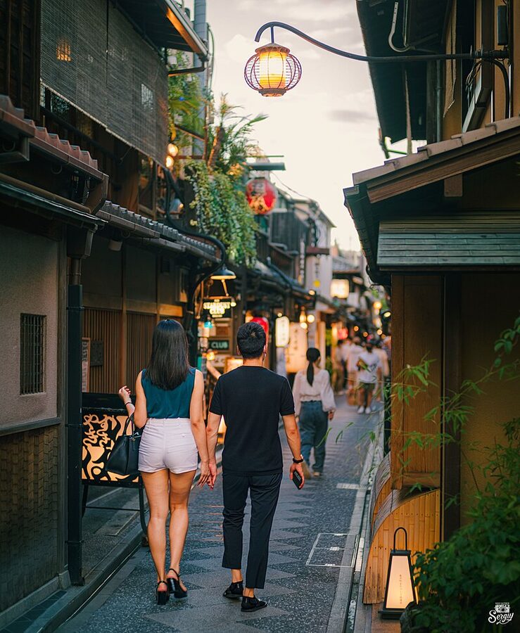 Pontocho alley Kyoto at night with people walking