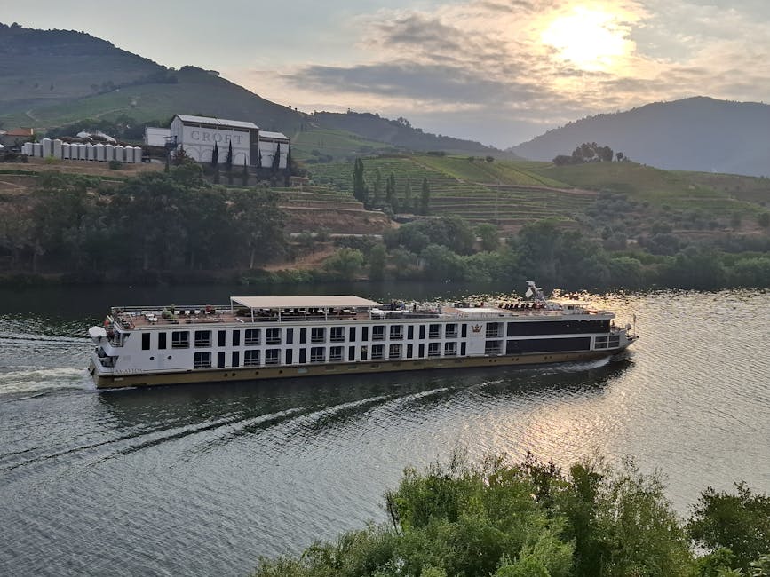 Douro River cruise ship at sunset light