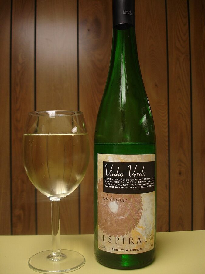 Bottle and glass of Portuguese Vinho Verde white wine