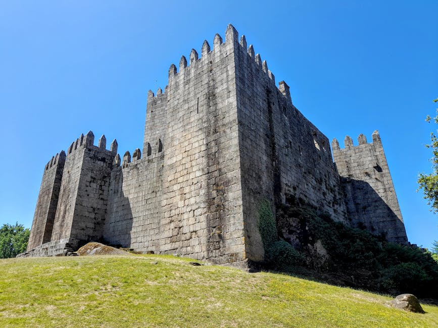 Guimaraes Castle stone keep on a sunny day