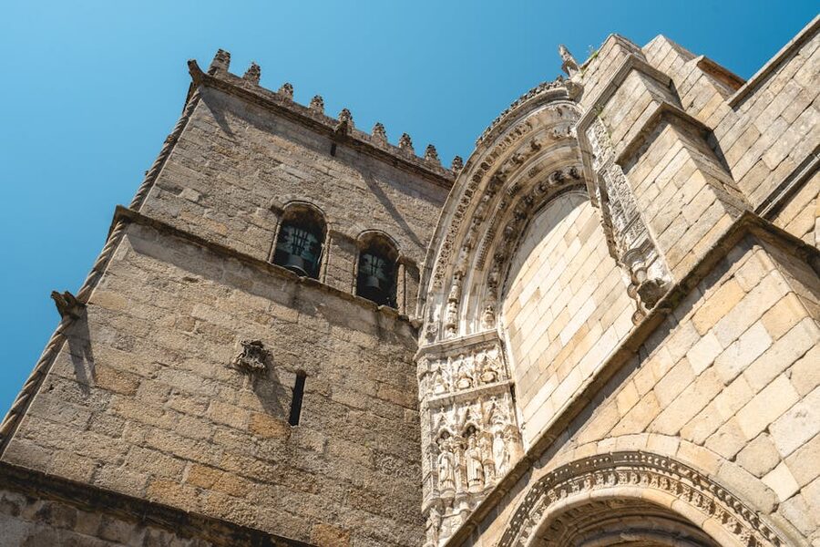 Guimaraes cathedral tower against blue sky