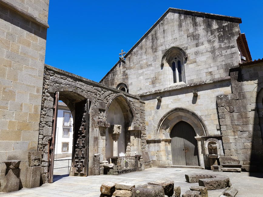 Old stone church facade Braga Portugal