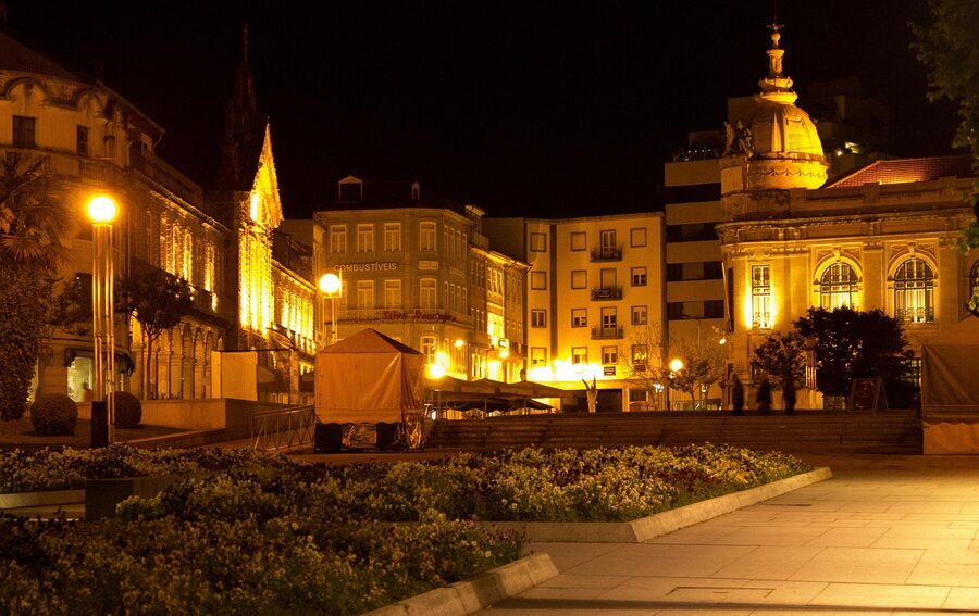 Braga old town at night with illuminated streets