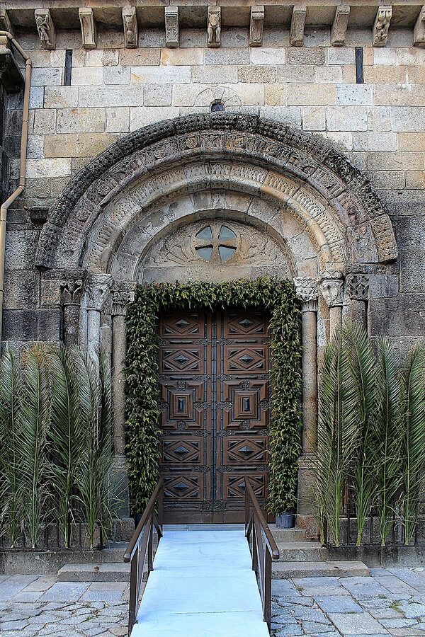 Exterior of Se de Braga cathedral with twin bell towers