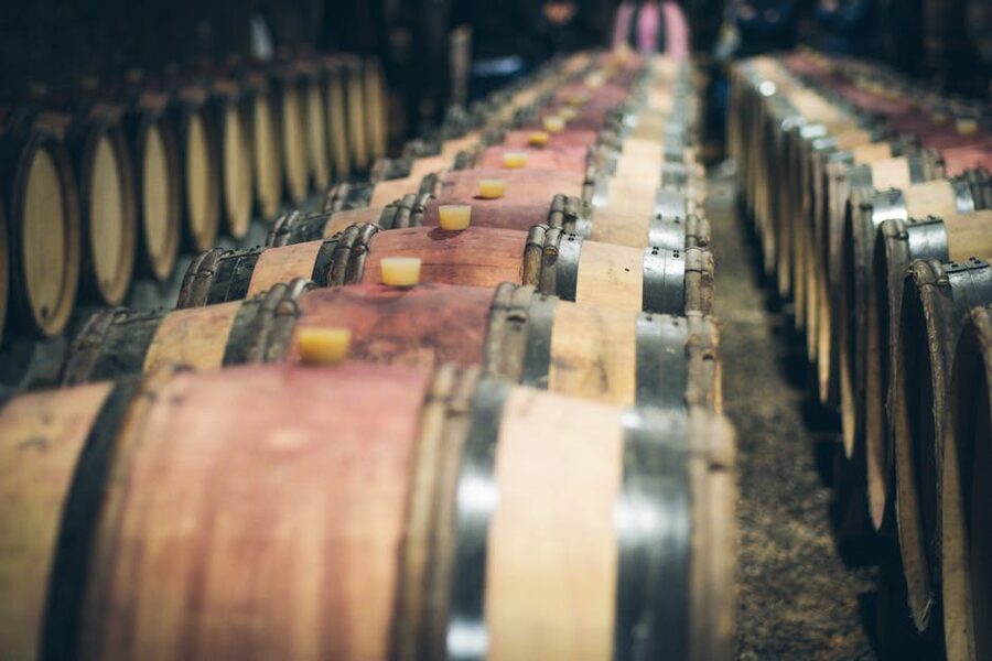Wooden wine barrels lined up in a low-lit cellar
