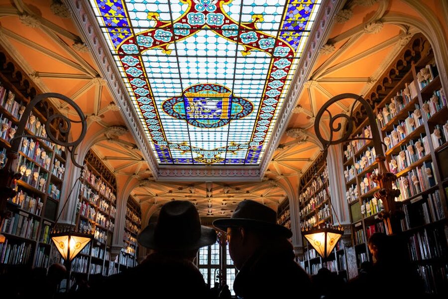 Livraria Lello stained glass ceiling Porto