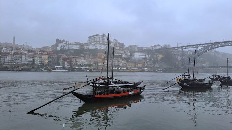 Rabelo boats Douro Porto foggy morning