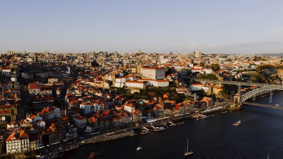 Aerial view of Porto at sunset over the Douro River