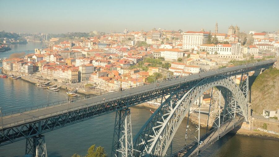 Aerial view of Dom Luis I Bridge spanning the Douro River in Porto